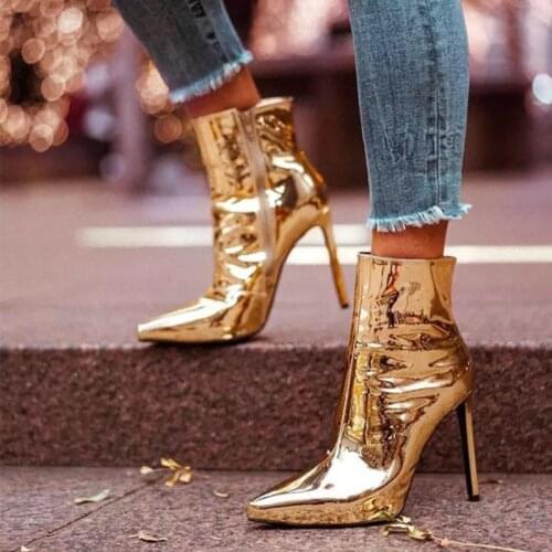 IPPEUM Stiletto Thin Ankle Metallic Designer Shoes Women Booties Pointed Toe High Heel Sexy Short Gold Extreme Side Zip Boots