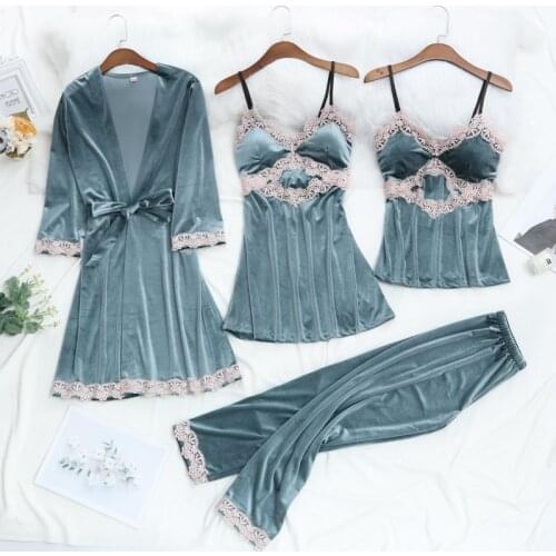 Spring New Velour Women 5PCS Pajamas Set Sexy Flower Nightwear Sweet Backless Strap Top Lace Trim Casual Nightdress