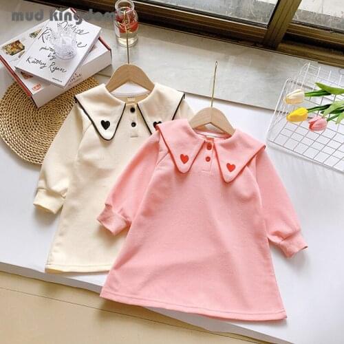 Mudkingdom Fashion Girls Dress Solid Heart Letter Sailor Collar A-line Dresses Girl Cute Long Sleeve Clothing for Spring Autumn