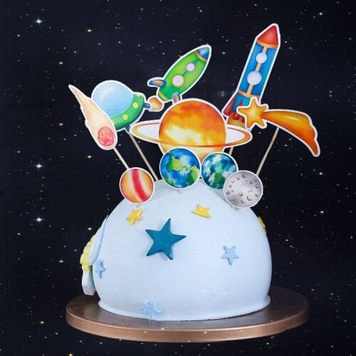 Happy Birthday Cake Topper Space Planet Spaceship Cake Theme Childrens Day Kids Party Favors Baking Birthday Decoration