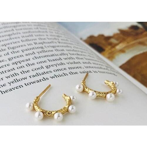 925 Sterling Silver Earring Fashion Pearl 2 Layer Zircon Shell Round Ear Ring Semi-circle earring temperament Woman Girl Ear Jew