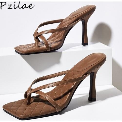 Pzilae Clip toe design womens slides ladies party dress slippers fashion flip flops stiletto high heel shoes square toe sandals