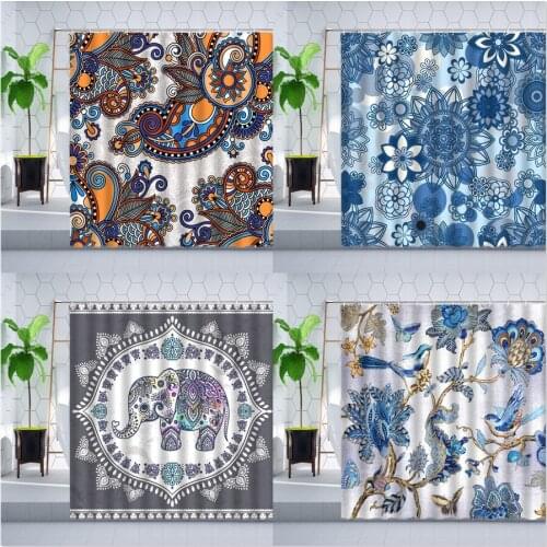 Indian Bohemian Shower Curtain Retro Ethnic Style Floral Plant Mandala Elephant Decoration Cloth Bathroom Polyester Curtains Set