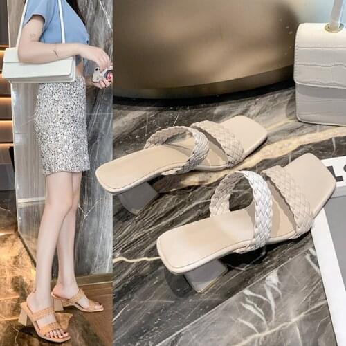 Women Slippers Summer New Fashion High Heel Woven Sandals Plus Size European And American Leisure Outdoor Slippers Female Shoes
