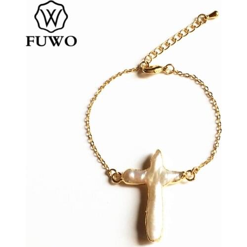 FUWO Natural Cross Pearl Bracelet with Gold Trimmed Freshwater Pearl Bracelet Catholic Jewelry Gift For Women BR512