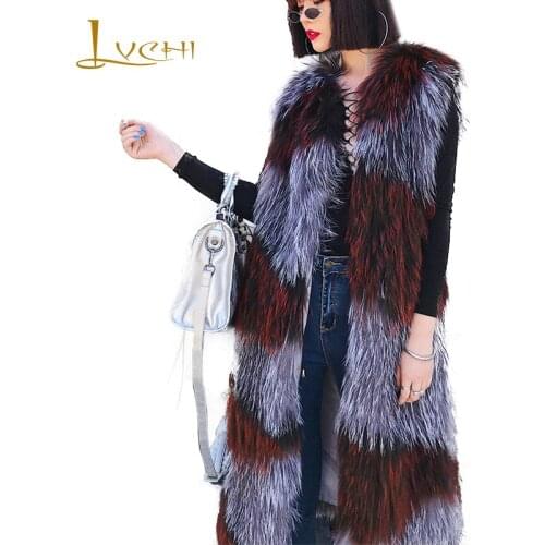LVCHI 2019 New Update Winter Natural Fox Fur Sleeveless O Neck Contrast Color Patchwork Fur Coat Womens Medium Fox Vest Coats