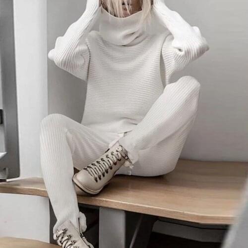 2021 Autumn Winter Knit Rib Two-Piece Sets Elegant Women Stand Neck Long Sleeves Tops And Pant Ladies Casual Solid Leisure Suits