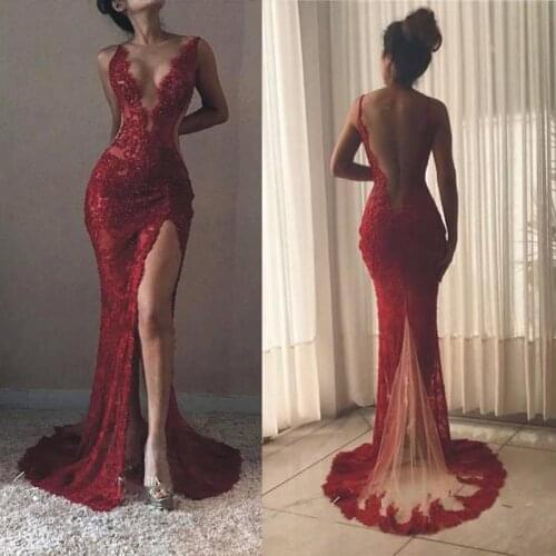 Sexy Custom Made Long V Neck Red Lace High Slit Mermaid Women Prom Dress Evening Dresses