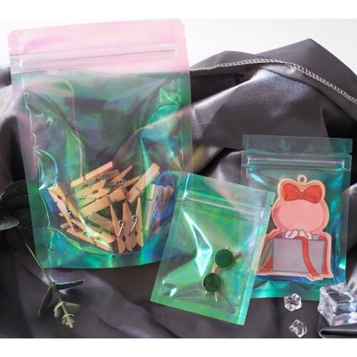 10Pcs Laser Ziplock Bag Pink Stand Up Holographic Zipper Packaging Bag Flat Pouches Small Laser Zip Lock Plastic Bag For Jewelry