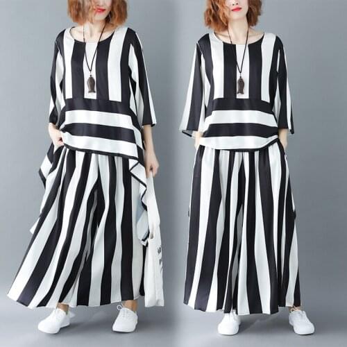 2021 spring women new literary irregular stripes loose enlarged hedging elegant hem top + wide-leg pants 2-piece sets trend s535