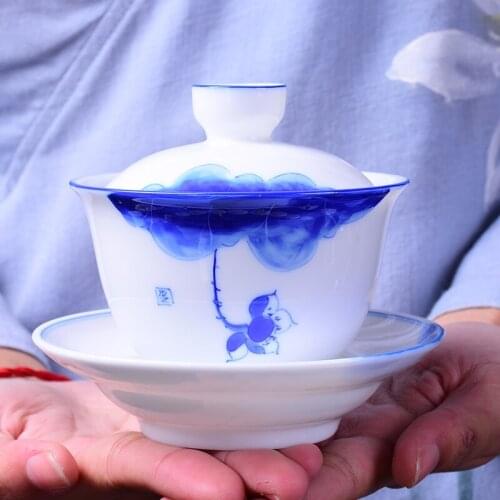 180ml White Ceramics Tea Tureen Hand Painted Lotus White Porcelain Teacup Home Boutique Gaiwan Chinese Tea Ceremony Accessories