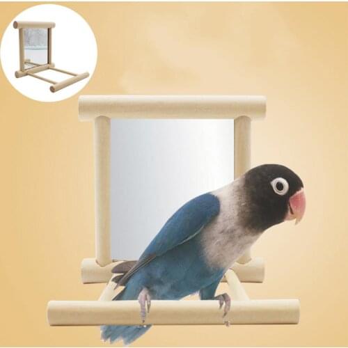 Wooden Pet Bird Parrot Parakeet Hanging Mirror Play Toy Cage with Stand Perch Log Yellow Stand Pendant Bird Cage Accessories
