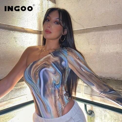 INGOO One Shoulder Sexy Bodysuits Women Long-sleeved Bodycon Printed Bodys Tops 2021 Casual One Shoulder One Piece Jumpsuit