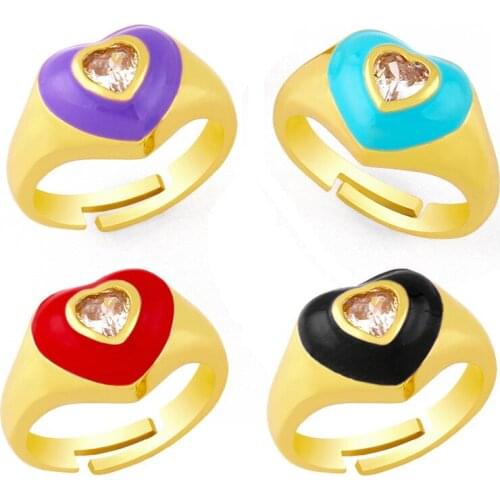 Trendy Copper Inlaid CZ Zircon Finger Rings Love Heart Enamel Dripping Oil Rings For Women Engagement Wedding Fine Jewelry