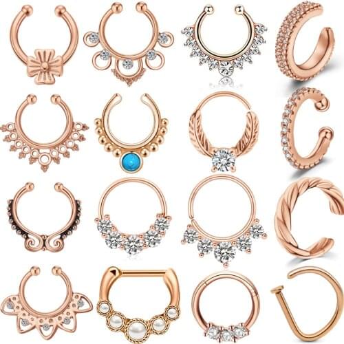 1PC Rose Gold Fake Nose Ring Fake Septum Jewelry Nose Ring Hanger Clip On Clicker Crystal Piercing Non Piercing