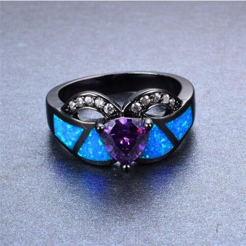 Boho Female Blue Fire Opal Ring Vintage 14KT Black Gold Wedding Ring Promise Purple Heart Engagement Rings For Women