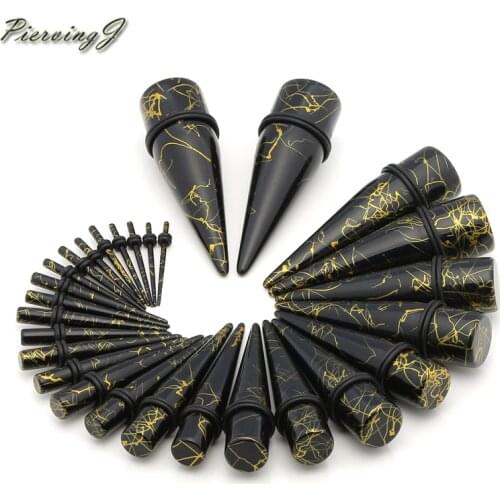 PiercingJ Plug Gauge Kit Ear Expander Stretcher Unisex Acrylic Yellow-plated Black Taper Ear Plugs Ear Tunnels Set Jewelry Gift