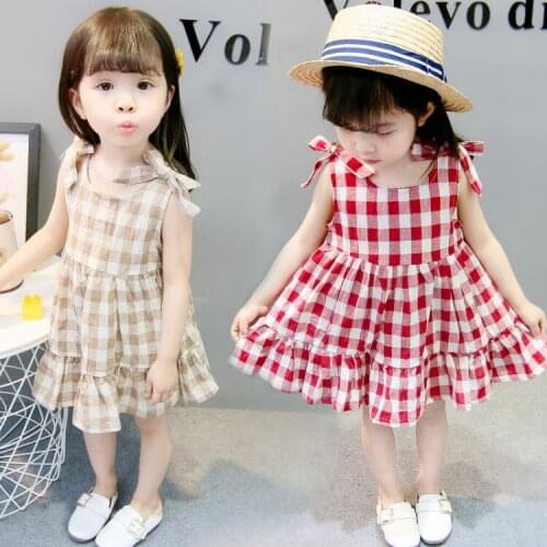 Summer New Fashion Girls Plaid Dresses Baby Sleeveless Dress Child Bow-knot Clothing For 2-8 Years old
