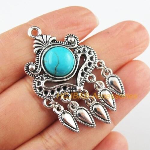 Fashion 4Pcs New Flower Charms Tibetan Silver Stone Waterdrop Tassels Pendants Retro 26x44mm