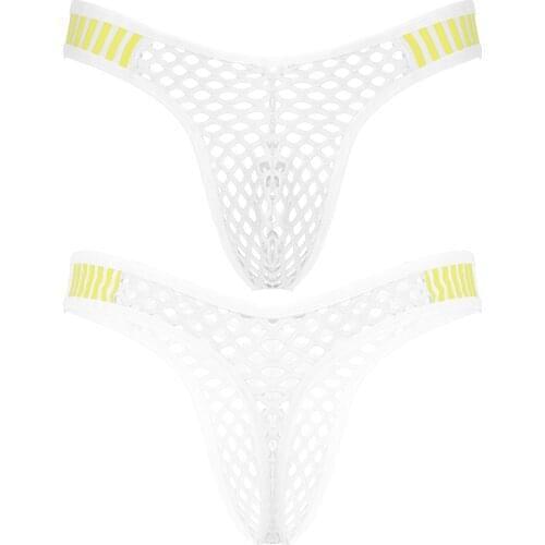 Mens Elastic Waistband Thongs Briefs See-through Bulge Pouch Panties Low Waist Striped Underpants Hollow Out Fishnet Underwear