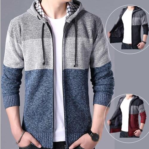 Mens Jackets Autumn Winter Outdoor Color Block Coat Zipper Slim Plush Warm Jacket Coat Long Sleeve Outerwear