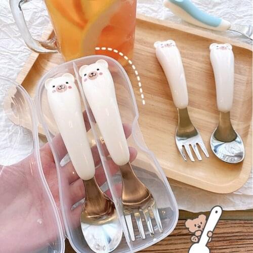 Cute Bear Cutlery Set Ceramics Handle 304 Stainless Steel Spoon and Fork Set Dinnerware Flatware Eco Friendly Dinner Tableware
