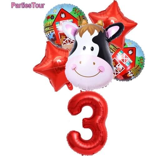 6pcs Farm Animal Balloons 32inch Red Number Cow Foil Balloons Set for Farm Animal Theme Party Kid Birthday Party Decor Supplies
