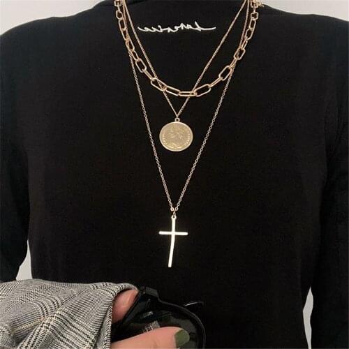 New 2021 Fashion Multilevel Golden Human Head Coin Cross Pendant Punk Chain Necklace For Women Female Vintage Collar Jewelry