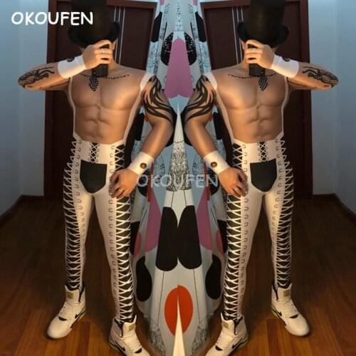 New Man white sexy 3D False Muscle Jazz Foreign Guest Siamese Costume party show wear Bar Nightclub Male Singer Dj ds costumes