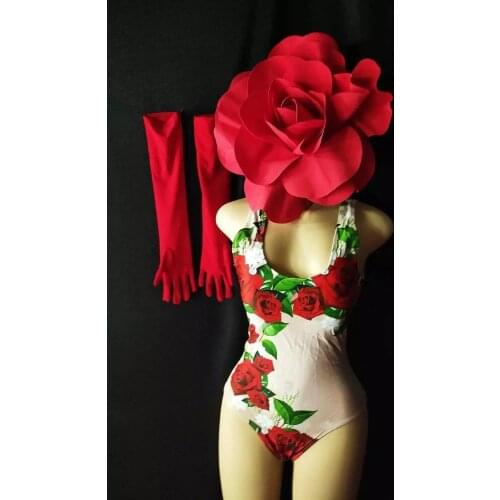 Nightclub Party Dance wear Red Rose Big Headdress Bodysuit+Gloves DJ Singer Stage show Valentines Day Dance Costume