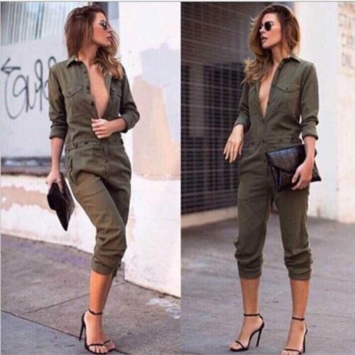 Autumn Casual Button Overall Pencil Pants Jumpsuit Fashion V-neck Turn-Down Collar Lady Romper Office Long Sleeve Jumpsuit