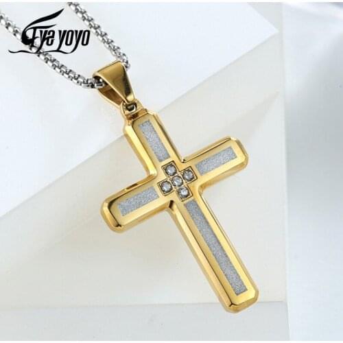 EyeYoYo Emery Stainless Steel Cross Necklaces Crucifix Pendant CZ Necklace for Men Fashion Stainless Steel Men 3mm Box Chain
