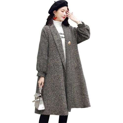 2019 Autumn winter woolen coat women stripe cloak outerwear female loose large size A-line crude blends jackets long coats A2944