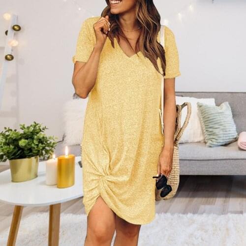 Knotted Dress Short Sleeve Round Neck Solid Color Casual Skirt Front Ruffle Loose Comfortable Dress Comfortable Street Wear