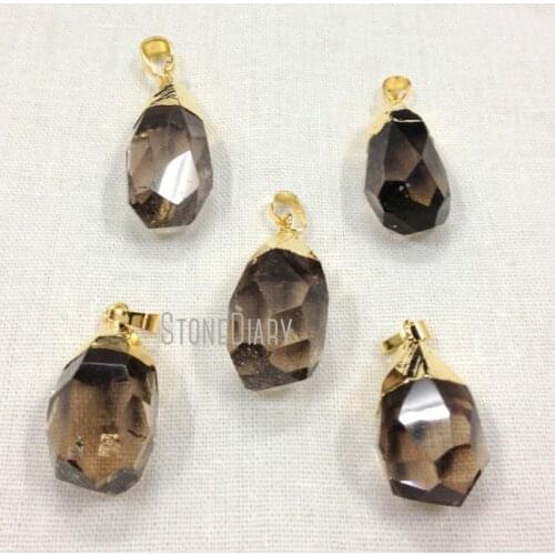 H-SQ03 Smoki Quartz Faceted Crystal Briolette Pendant Water Drop Shape Pendant with Gold or Silver Color