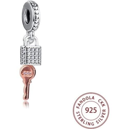 Fits Pandora Charm Bracelet 925 Sterling Silver Pave Padlock and Key Dangle Charms Beads for Jewelry Making kralen