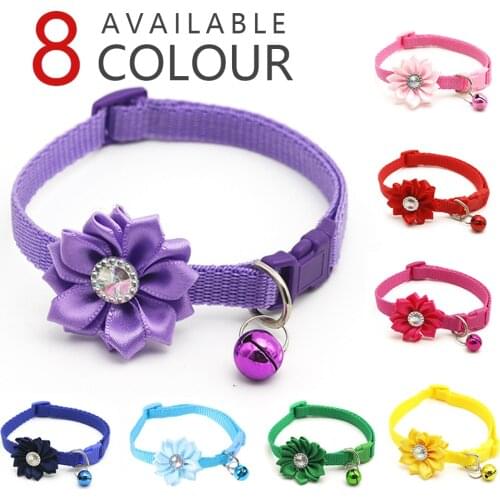 Adjustable Pet Collar Flower Bell Crystal Dog Cat Collar Easy Wear Buckle Lovely Pets Decor Accessories Dogs Cats Necklace