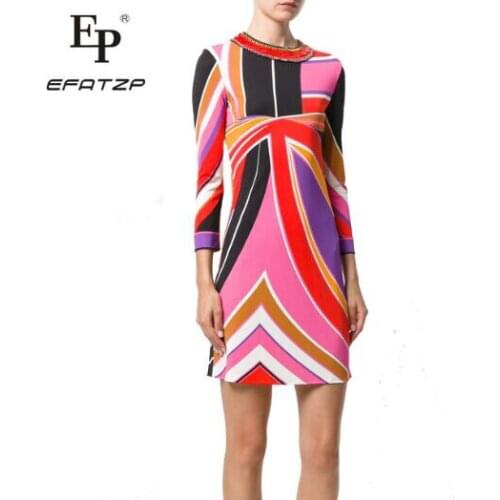 EFATZP Newest Fashion 2018 Designer Dress Womens 3/4 Sleeve Colorful Geometric Print Stretch Jersey Silk belt XL XXL Day Dress