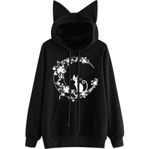 Womens Cat Long Sleeve Hoodie Sweatshirt Hooded Pullover Tops Vintage Pullovers Hoodies Ulzzang Tops Sweatshirt