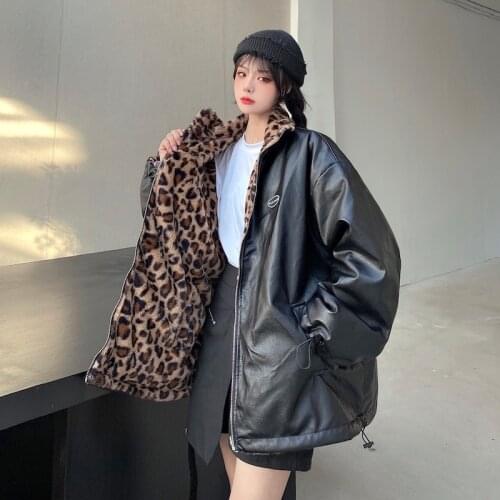Winter PU Leather Women Jacket Leopard Print Thick Warm Faux Lamb Fur Lining Reversible Wear Loose Harajuku Y2k Snow Female Coat