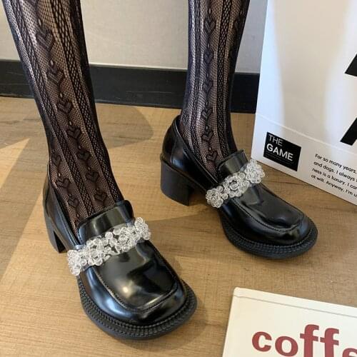 Rimocy Chunky Heels Pearl Pumps Women Patent Leather Retro Cosplay Lolita Shoes Woman Black Platform Slip on High Heels Shoes