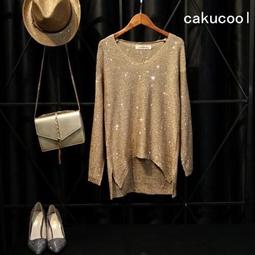 Cakucool Women Sequined Sweaters Bling Spring Long Sleeve O-neck Jumpers Loose Slit Casual Embellish Knit Pullover Sweater Lady