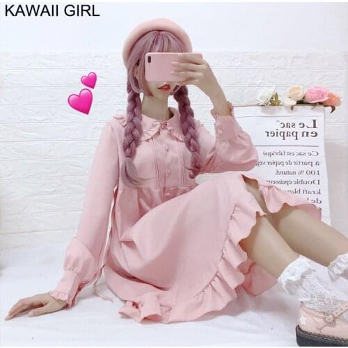 Casual Lady Kawaii Sweet Girl Dresses Vintage Lotus Leaf Lace Earmuffs Doll Collar Women Dress Japanese Girl Harajuku Punk Dress