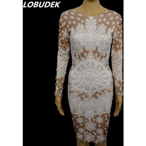 White Snowflake Pattern Long Sleeve Pearls Dress Women Birthday Celebration Party Dress Singer Host Nightclub Bar Stage Costumes