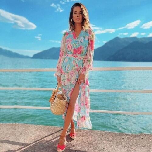 Ailigou 2021 New Fall New Womens Printed Ruffled Feminine Belt V-neck Long Sleeve Side Slit Long Celebrity Party Dress