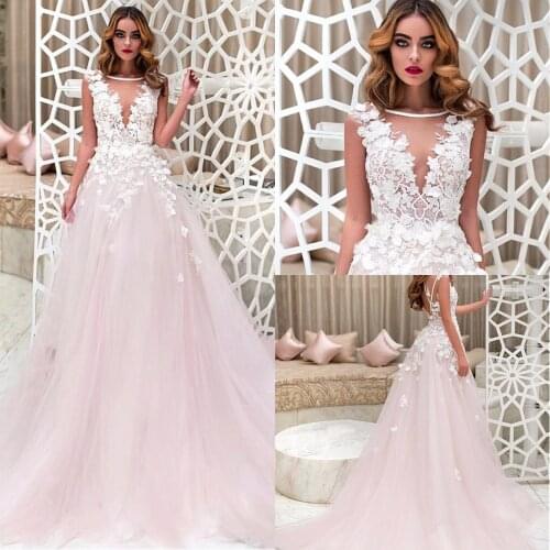 Amaizng Pink Wedding Dresses Illusion V-Neck Ball Gown Appliques Bridal Dresses 2020 Tulle Gowns Custom Made Bridal Dresse