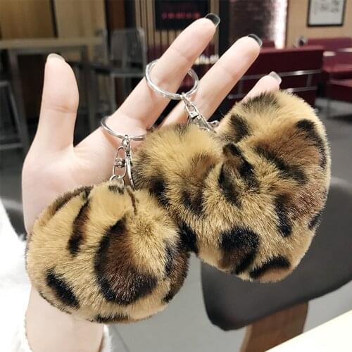 Faux Rabbit Fur Ball Key Chain Pompom Leopard Plush Heart Keychain Pom Pom Round Ball Trinket Car Bag Key Ring Gift