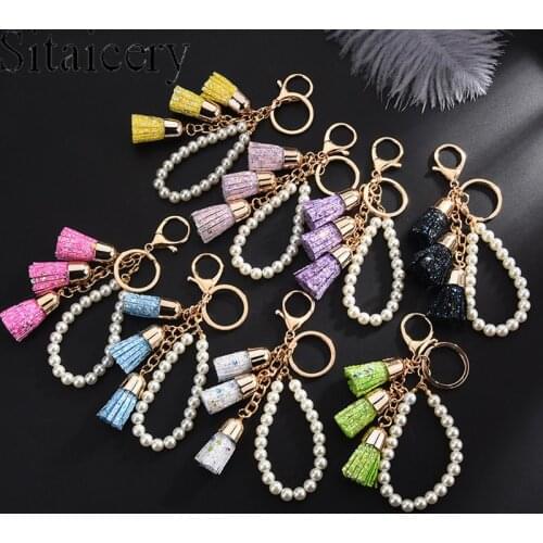 Bright Powder Tassel Pearl Key Chain Pendant Gifts For Women Accessories Candy Color Gold Sequins Tassel Keychain Christmas Gift