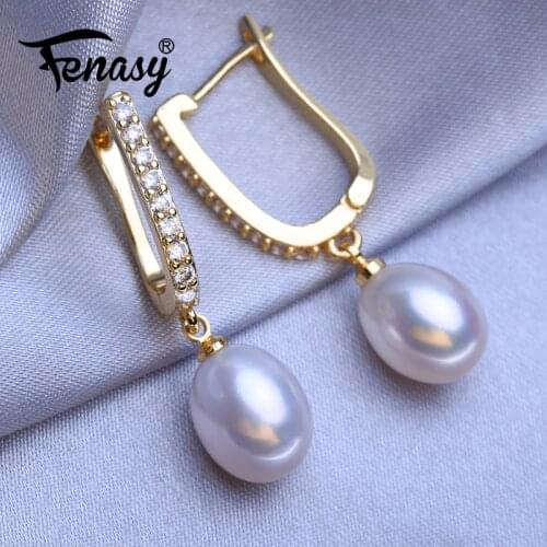 FENASY Natural Freshwater Pearl Big Size Geometric Silver Gold Color Drop Earrings Wedding Engagement Jewelry