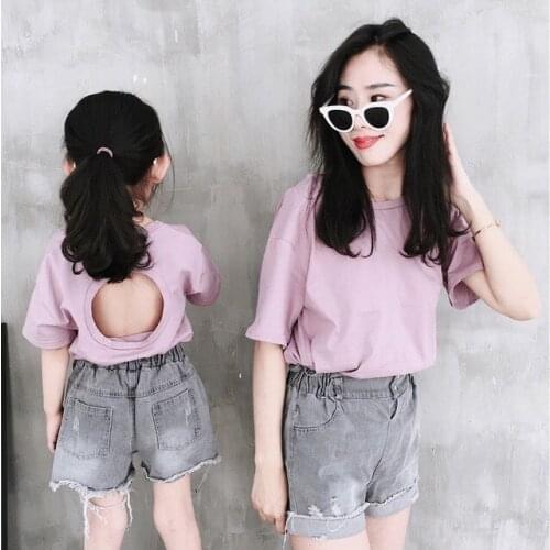 Family Look Summer Fashion Hollow Back Shorts Sleeves T-shirts For Mommy And Me Mother And Daughter Matching Clothes Cotton Tees